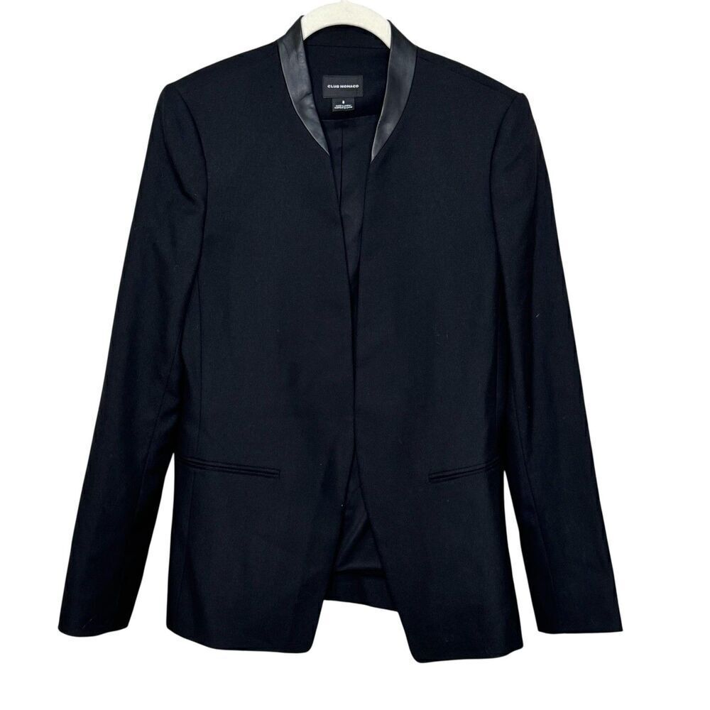 Club Monaco Blazer Womens 8 Black Wool Blend Lamb Leather Collar Tuxedo Jacket